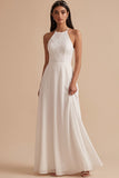 White A-Line Halter Chiffon Keyhole Back Floor-Length Beach Wedding Dress