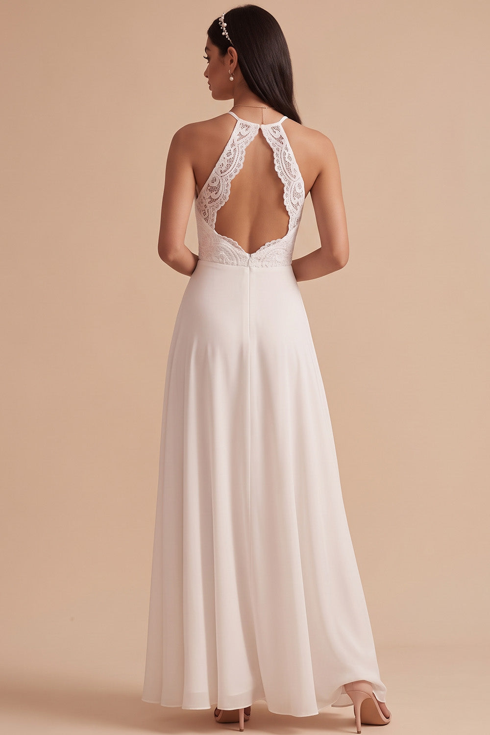 White A-Line Halter Chiffon Keyhole Back Floor-Length Beach Wedding Dress