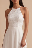 White A-Line Halter Chiffon Keyhole Back Floor-Length Beach Wedding Dress