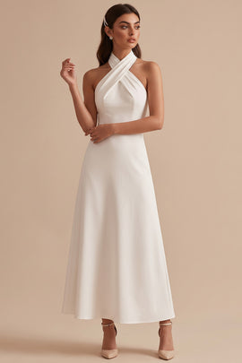 White A-Line Halter Backless Midi Wedding Dress with Covered Buttons