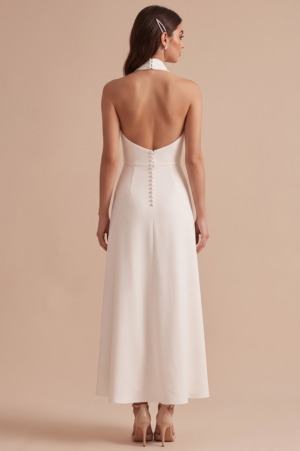 White A-Line Halter Backless Midi Wedding Dress with Covered Buttons