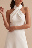 White A-Line Halter Backless Midi Wedding Dress with Covered Buttons