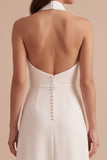 White A-Line Halter Backless Midi Wedding Dress with Covered Buttons