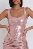 Sparkly Pink Sequin Corset Tight Ruched Short Cocktail Dress with Sash