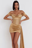 Gold Satin Corset Tight Ruched Beaded Short Cocktail Dress with Sash