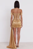 Gold Satin Corset Tight Ruched Beaded Short Cocktail Dress with Sash