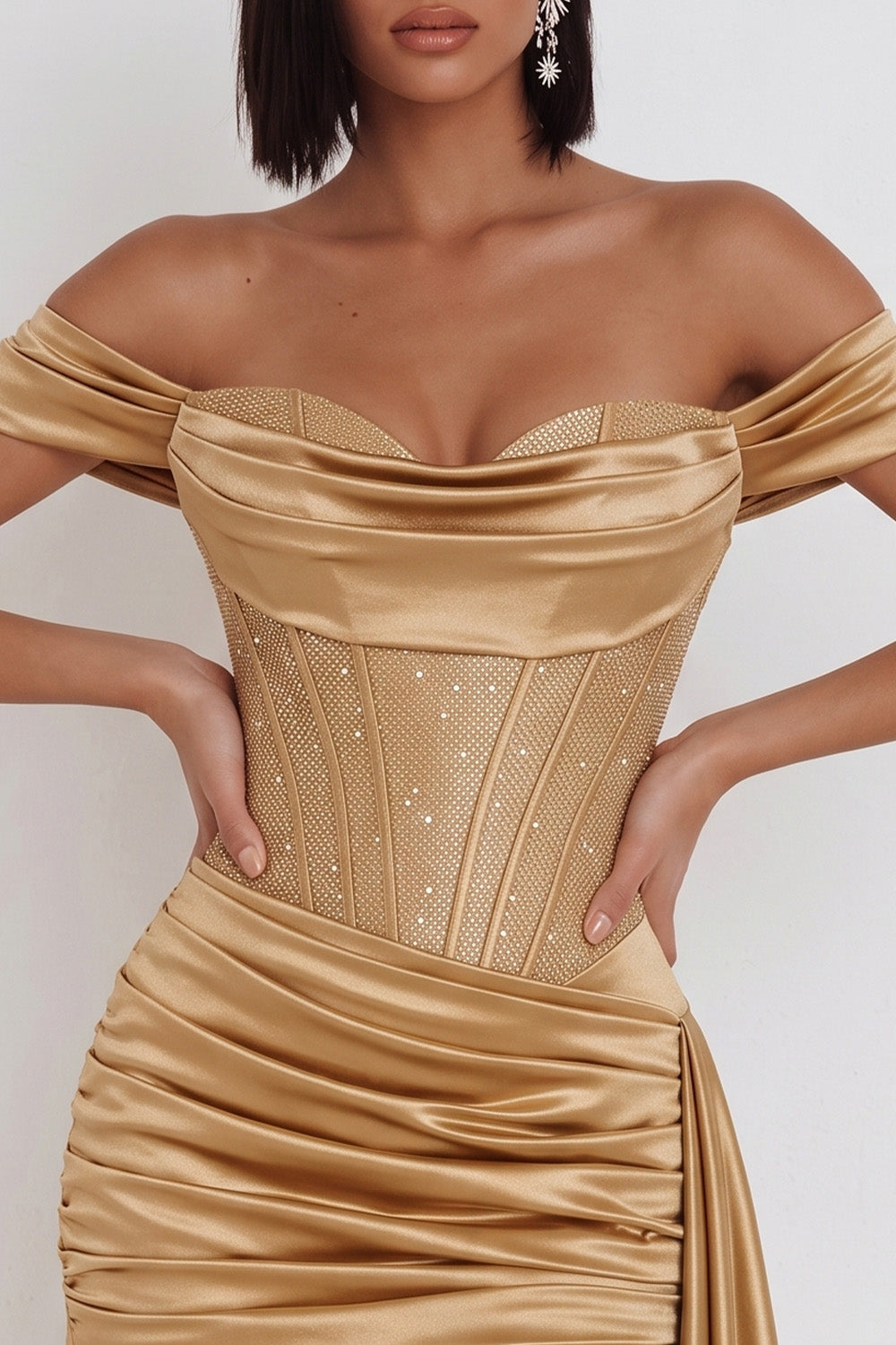 Gold Satin Corset Tight Ruched Beaded Short Cocktail Dress with Sash