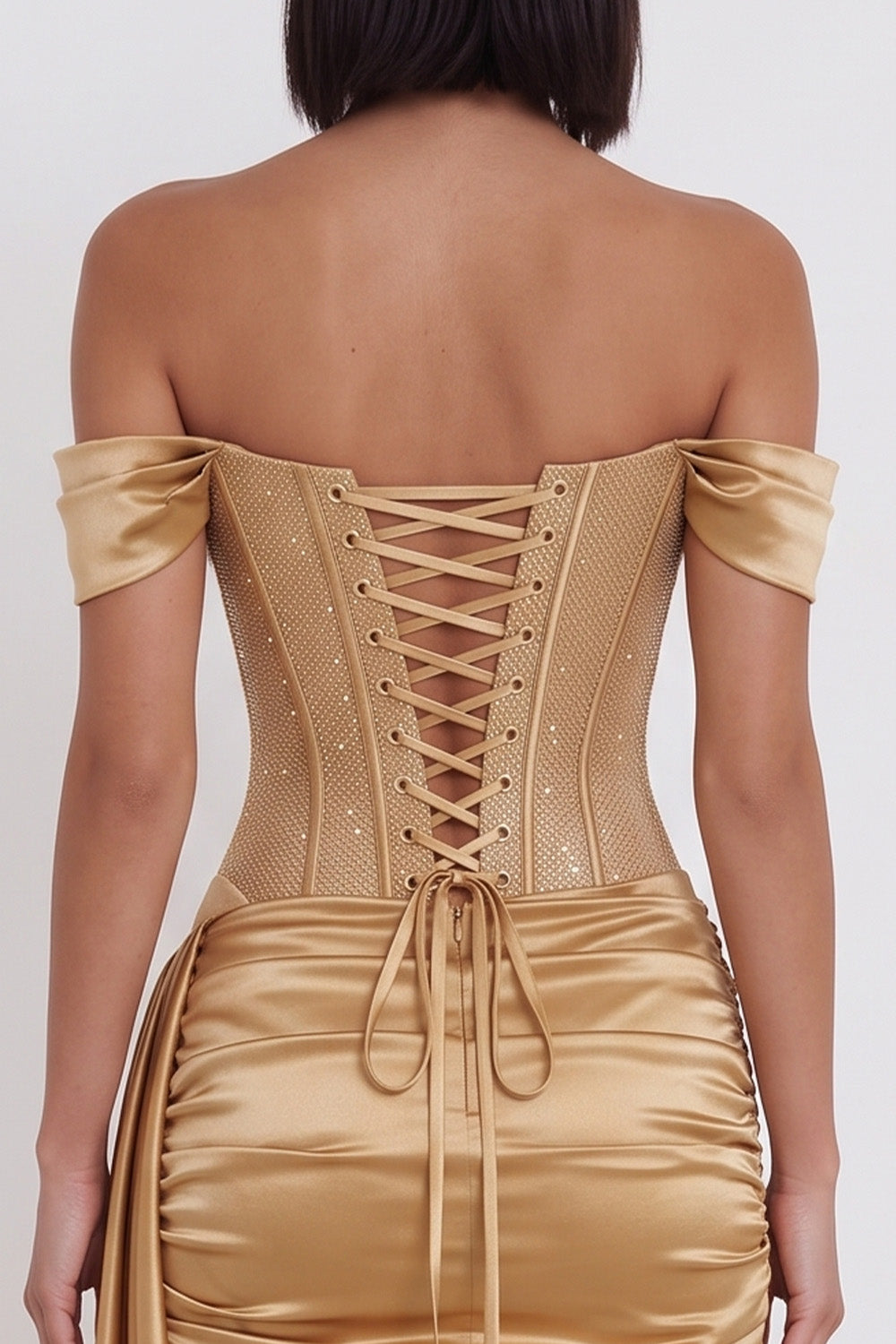 Gold Satin Corset Tight Ruched Beaded Short Cocktail Dress with Sash