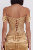 Gold Satin Corset Tight Ruched Beaded Short Cocktail Dress with Sash