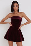 A-Line Strapless Simple Burgundy Velvet Short Cocktail Dress