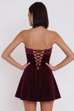 A-Line Strapless Simple Burgundy Velvet Short Cocktail Dress