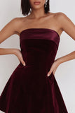 A-Line Strapless Simple Burgundy Velvet Short Cocktail Dress