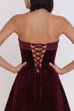 A-Line Strapless Simple Burgundy Velvet Short Cocktail Dress