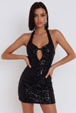 Sparkly Black Sequin Keyhole Tight Halter Short Cocktail Dress