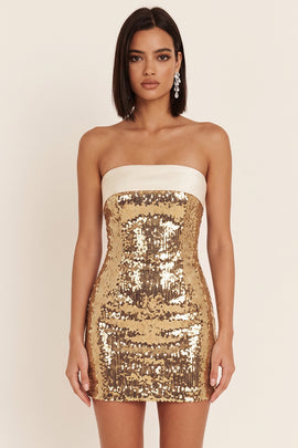 Sparkly Sequin Gold Strapless Tight Short Cocktail Dress