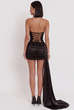 Black Satin Corset Halter Keyhole Ruched Short Cocktail Dress with Sash