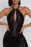Black Satin Corset Halter Keyhole Ruched Short Cocktail Dress with Sash