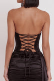 Black Satin Corset Halter Keyhole Ruched Short Cocktail Dress with Sash