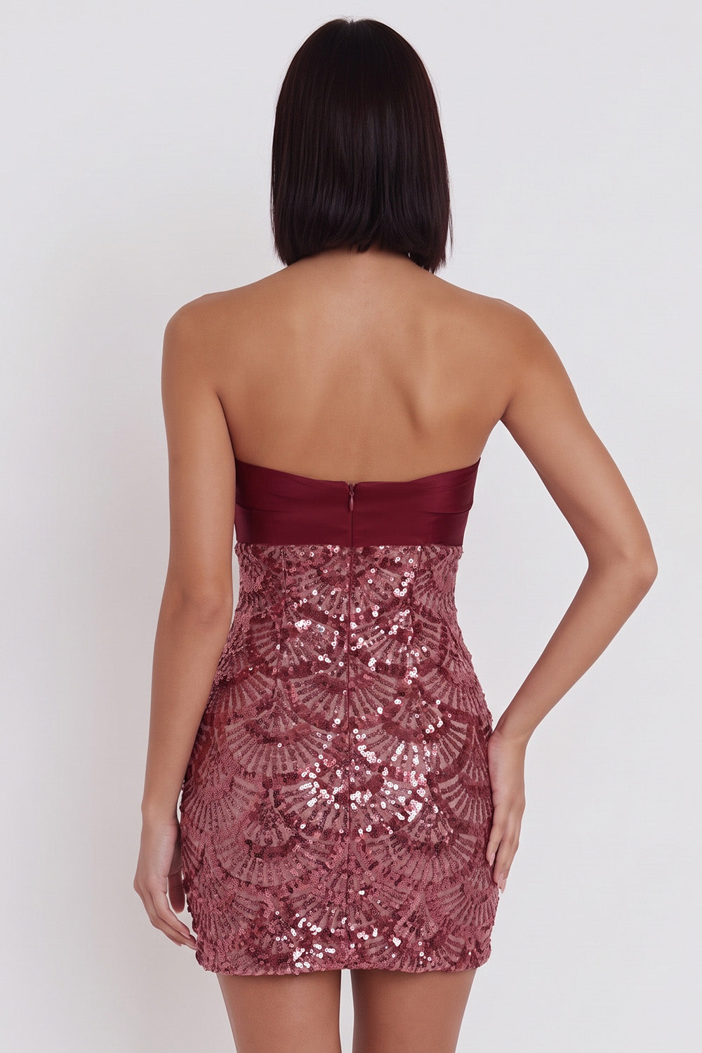 Sparkly Burgundy Sequin Tight Strapless Keyhole Short Cocktail Dress