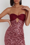 Sparkly Burgundy Sequin Tight Strapless Keyhole Short Cocktail Dress