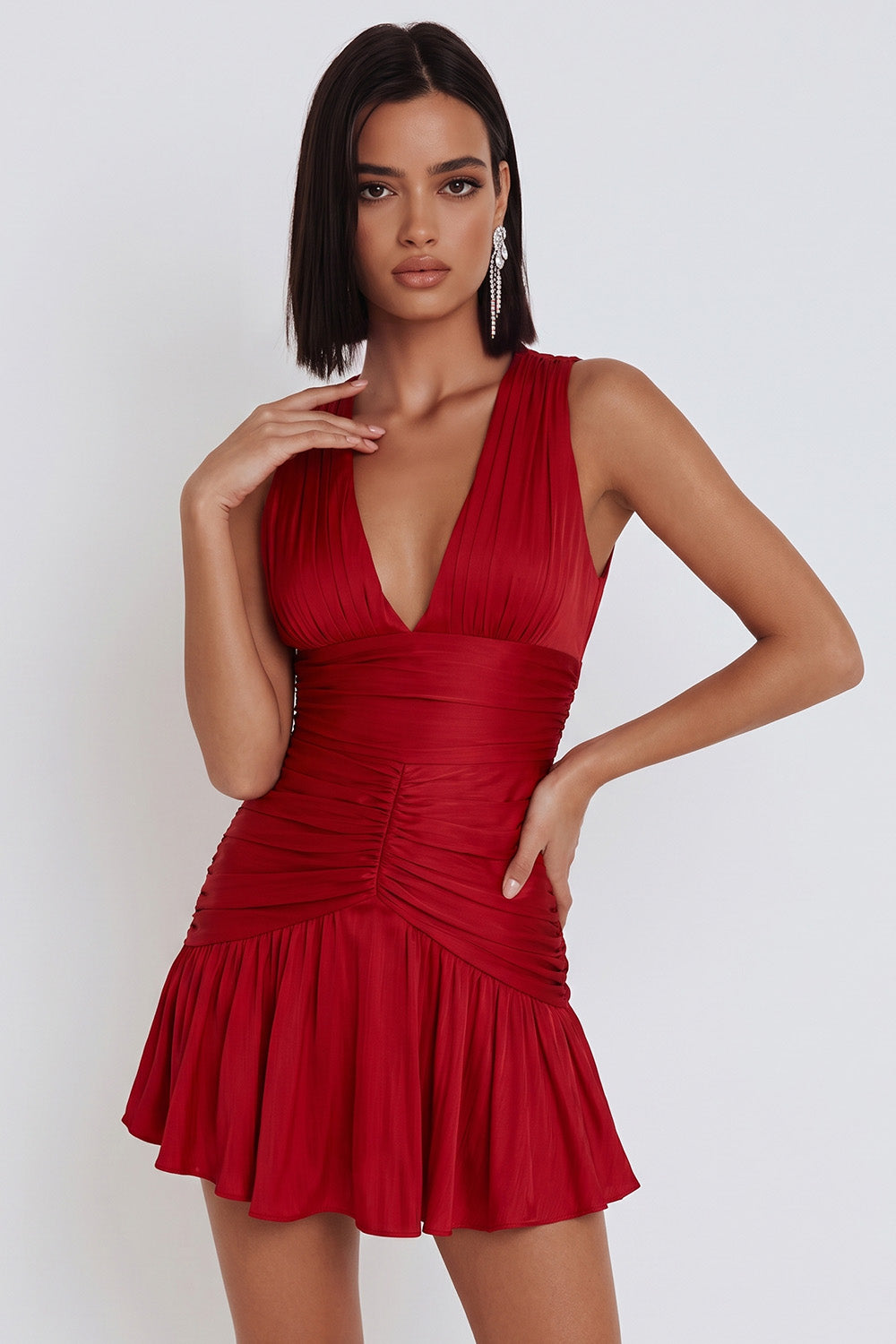 Red V-Neck A Line Ruched Short Cocktail Dress