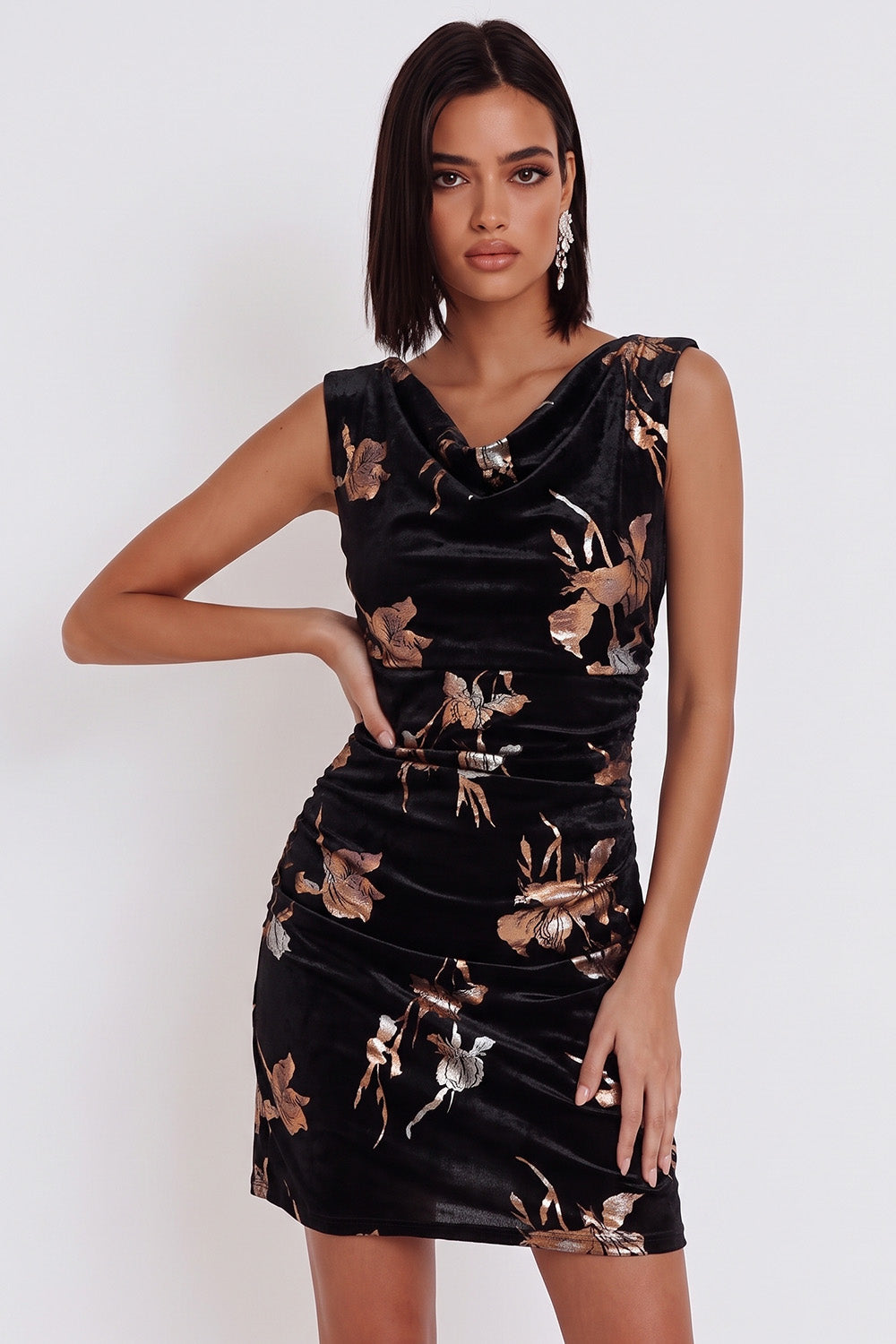 Black Floral Velvet Ruched Cowl Neck Tight Short Cocktail Dress