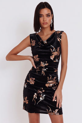 Black Floral Velvet Ruched Cowl Neck Tight Short Cocktail Dress