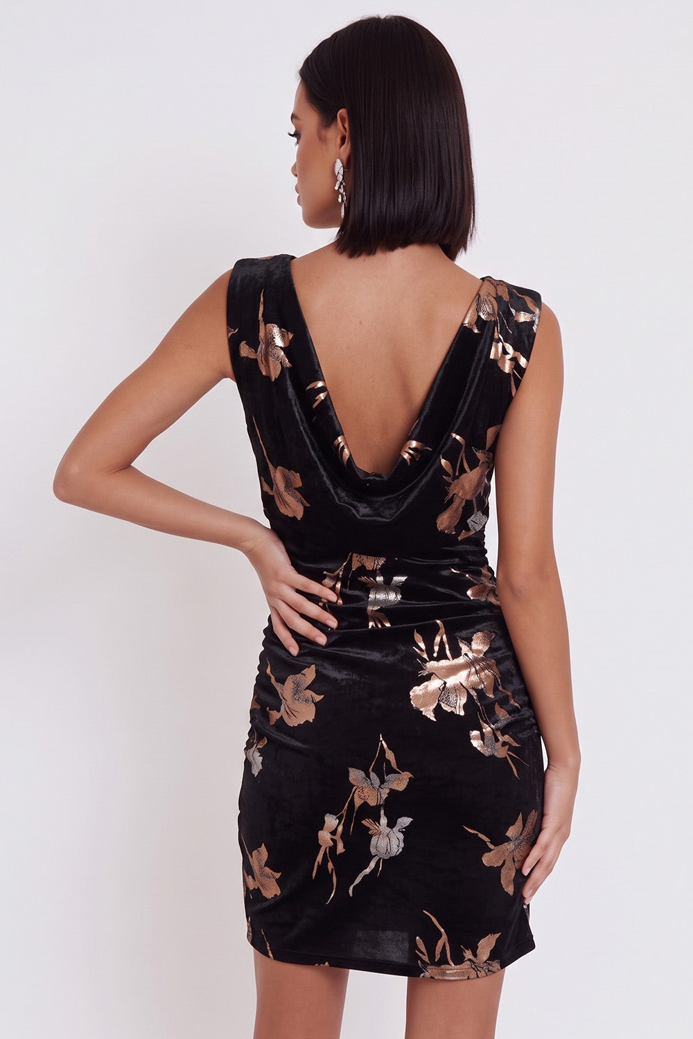 Black Floral Velvet Ruched Cowl Neck Tight Short Cocktail Dress