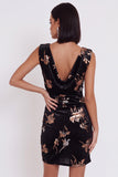 Black Floral Velvet Ruched Cowl Neck Tight Short Cocktail Dress
