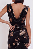 Black Floral Velvet Ruched Cowl Neck Tight Short Cocktail Dress