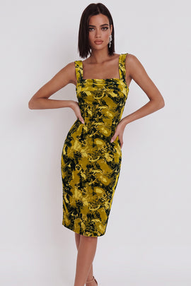 Yellow Green Floral Bodycon Square Neck Midi Cocktail Dress with Slit