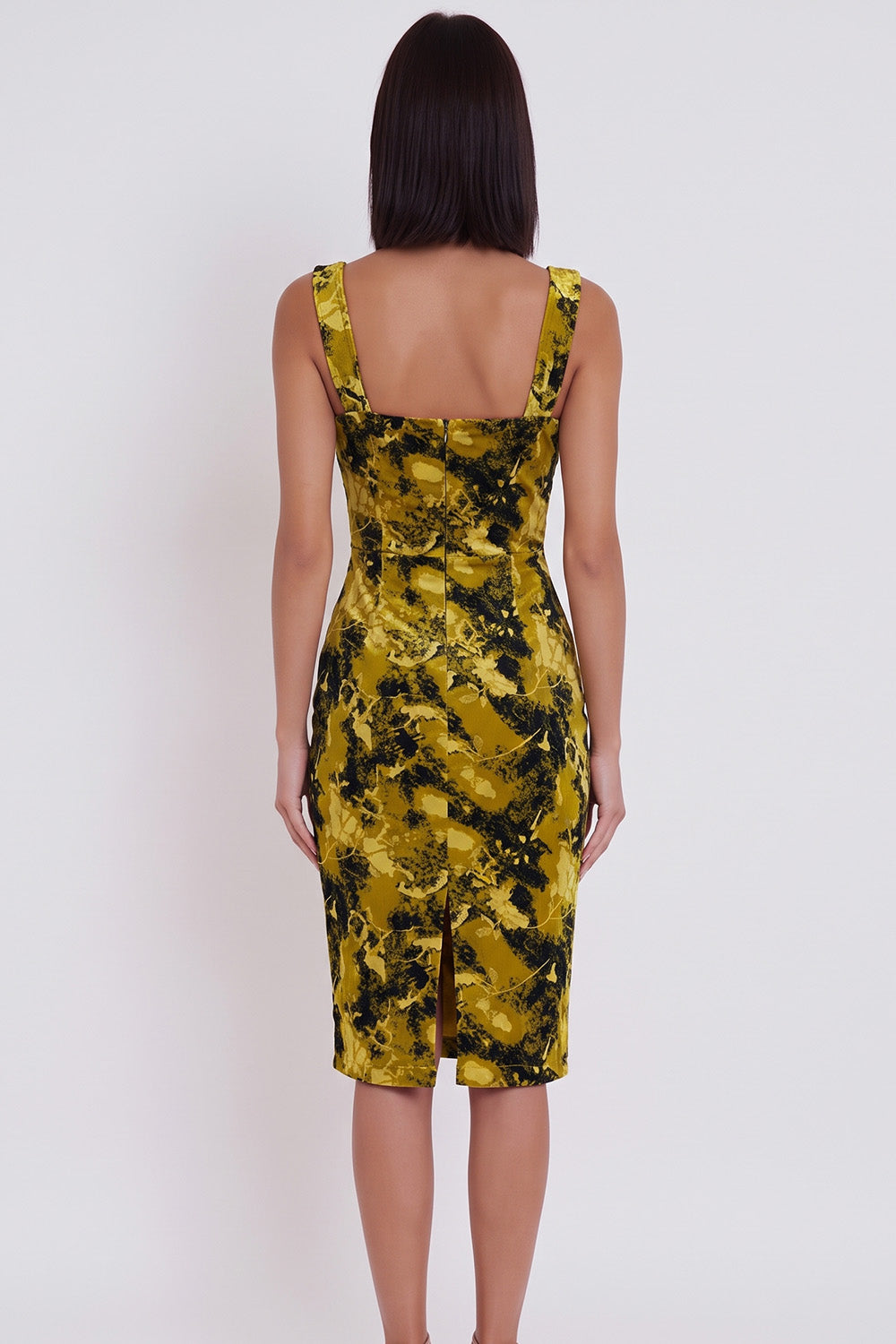 Yellow Green Floral Bodycon Square Neck Midi Cocktail Dress with Slit