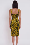 Yellow Green Floral Bodycon Square Neck Midi Cocktail Dress with Slit
