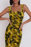 Yellow Green Floral Bodycon Square Neck Midi Cocktail Dress with Slit