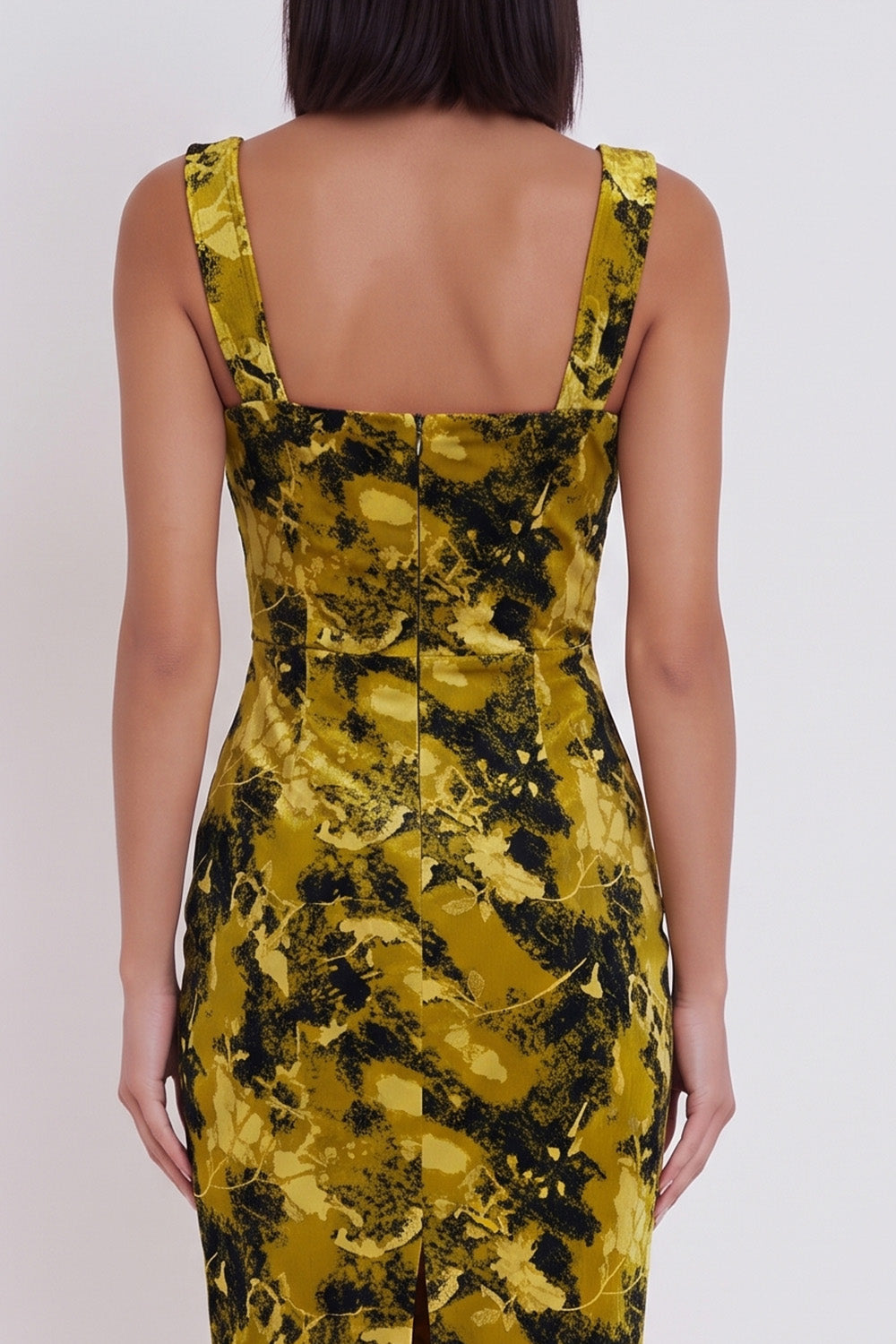 Yellow Green Floral Bodycon Square Neck Midi Cocktail Dress with Slit