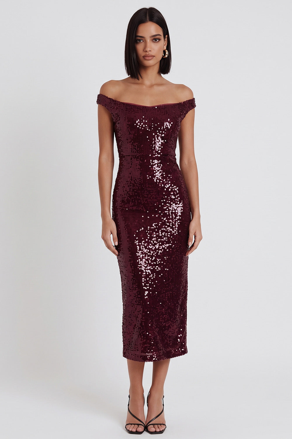 Sparkly Burgundy Bodycon Off the Shoulder Sequin Midi Cocktail Dress