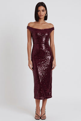 Sparkly Burgundy Bodycon Off the Shoulder Sequin Midi Cocktail Dress