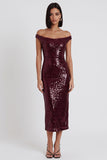Sparkly Burgundy Bodycon Off the Shoulder Sequin Midi Cocktail Dress