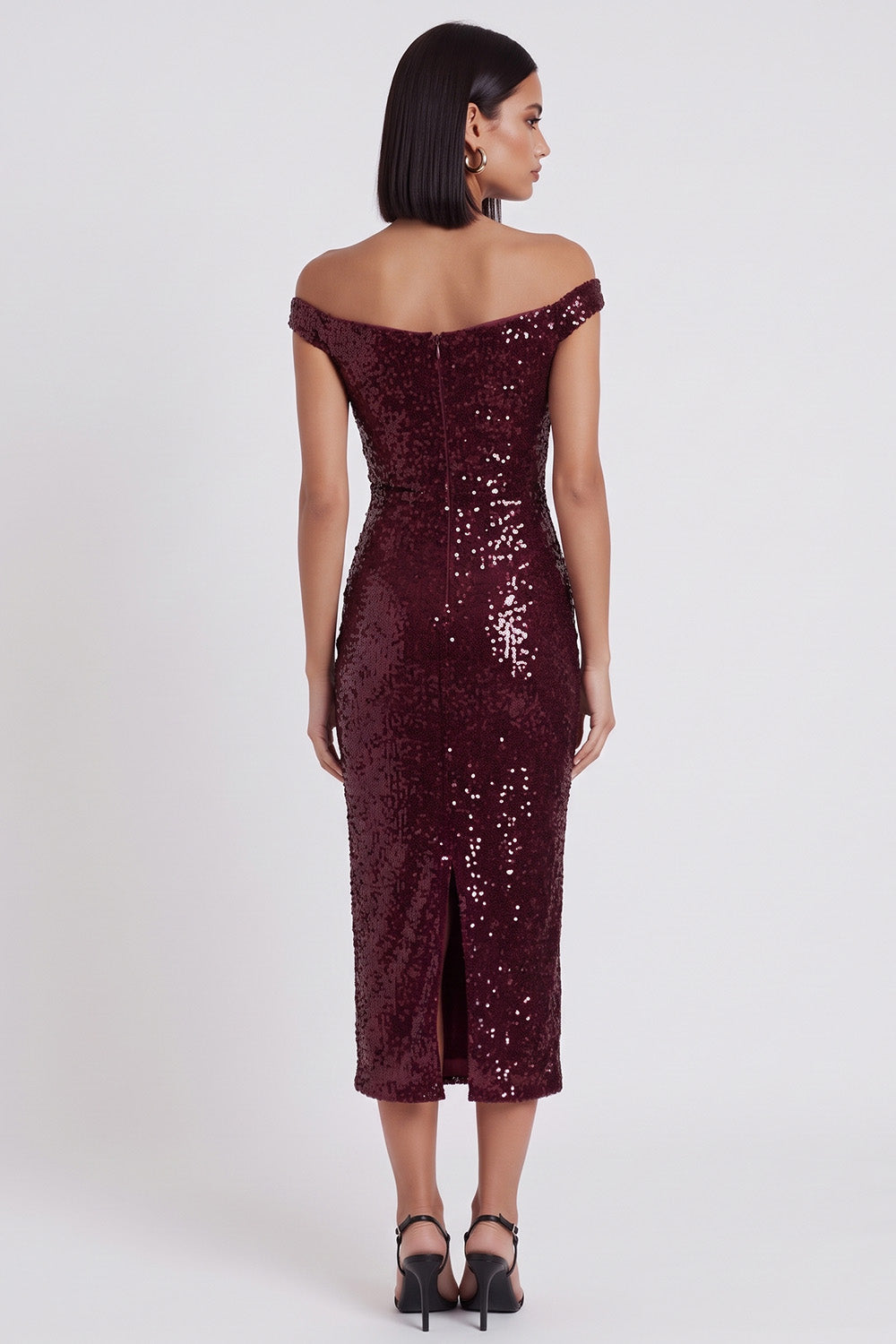 Sparkly Burgundy Bodycon Off the Shoulder Sequin Midi Cocktail Dress