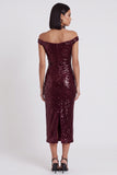 Sparkly Burgundy Bodycon Off the Shoulder Sequin Midi Cocktail Dress