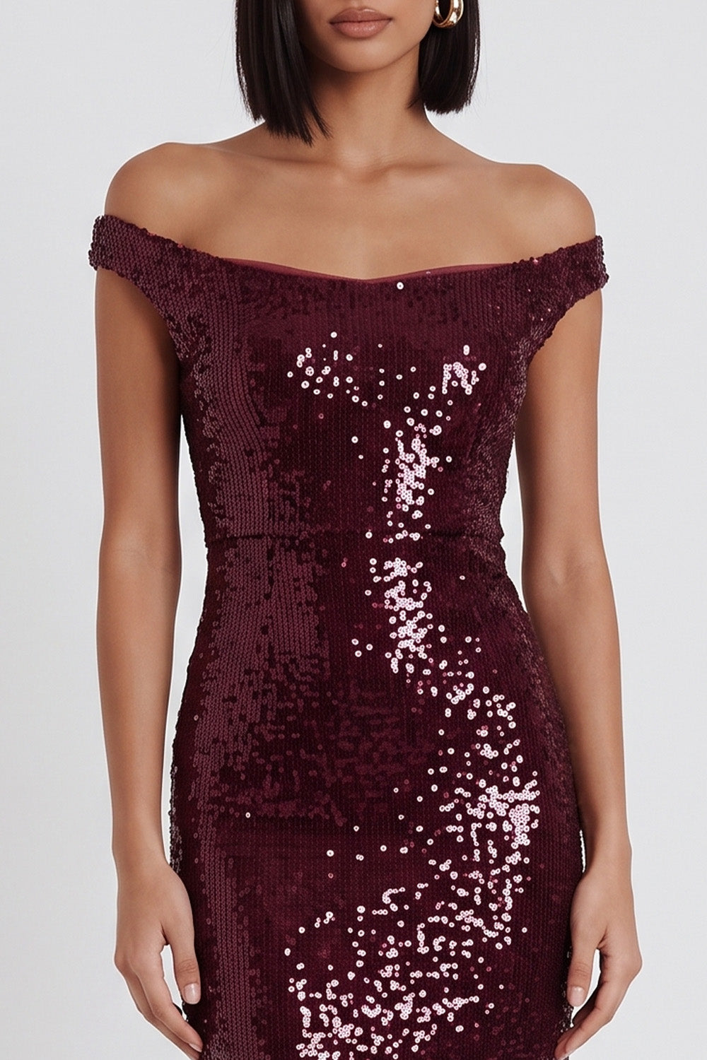Sparkly Burgundy Bodycon Off the Shoulder Sequin Midi Cocktail Dress