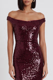 Sparkly Burgundy Bodycon Off the Shoulder Sequin Midi Cocktail Dress