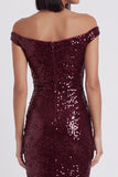 Sparkly Burgundy Bodycon Off the Shoulder Sequin Midi Cocktail Dress