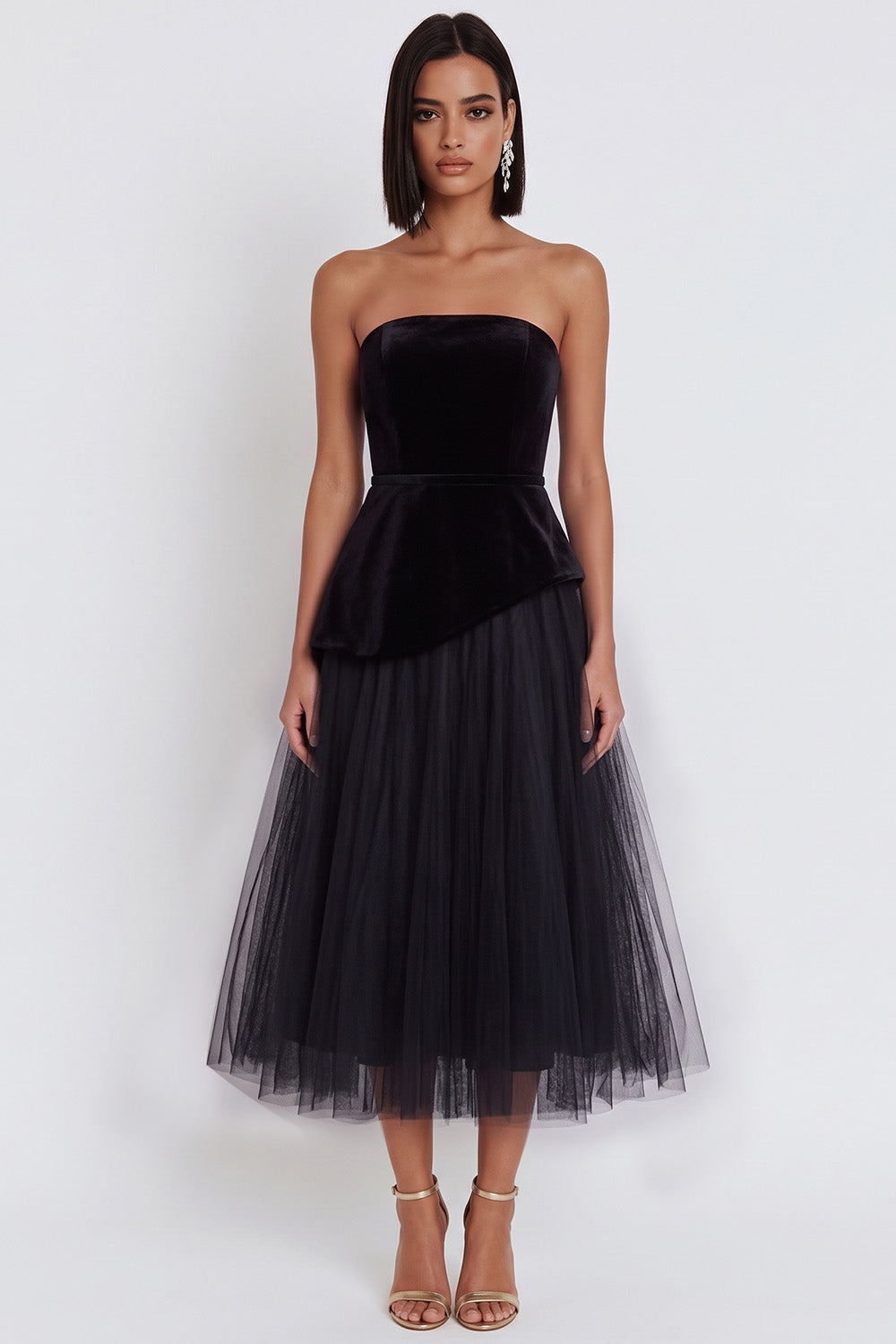Black Strapless A Line Pleated Velvet Midi Cocktail Dress