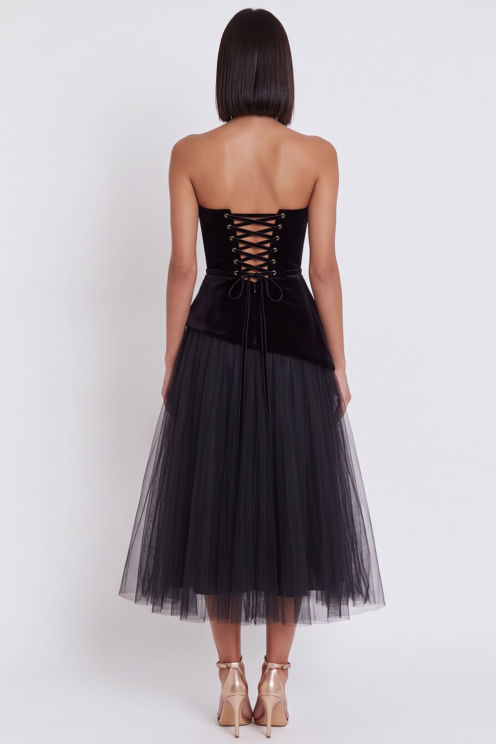Black Strapless A Line Pleated Velvet Midi Cocktail Dress
