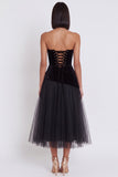 Black Strapless A Line Pleated Velvet Midi Cocktail Dress