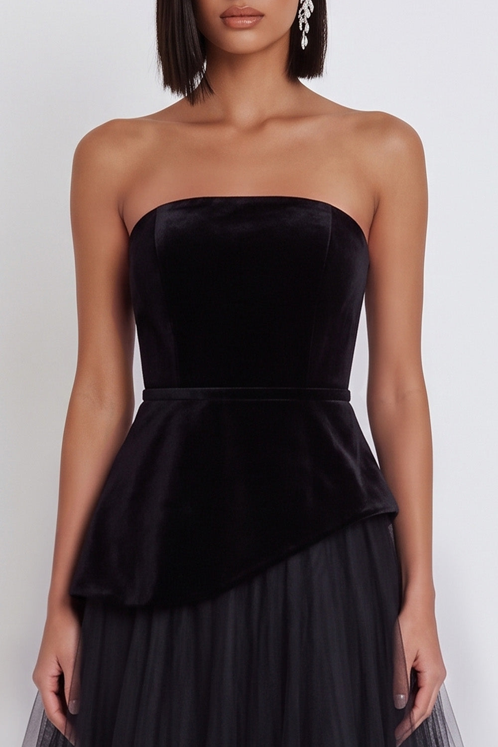 Black Strapless A Line Pleated Velvet Midi Cocktail Dress