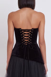Black Strapless A Line Pleated Velvet Midi Cocktail Dress