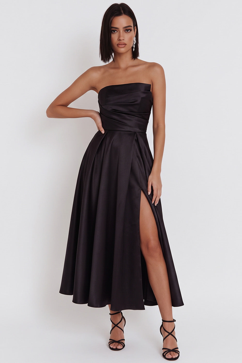 Black Satin Ruched A-Line Strapless Midi Cocktail Dress with Slit