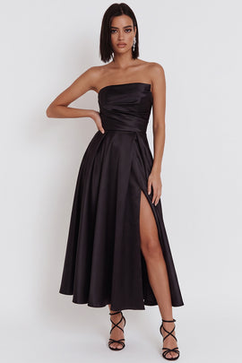 Black Satin Ruched A-Line Strapless Midi Cocktail Dress with Slit